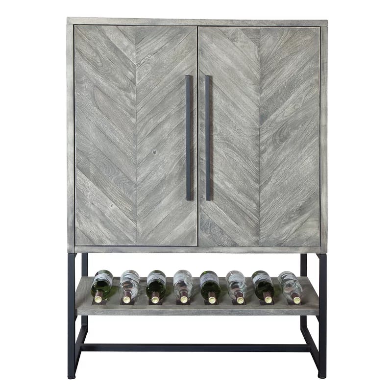 Transitional Herringbone 36" Gray Bar Cabinet with Wine Storage