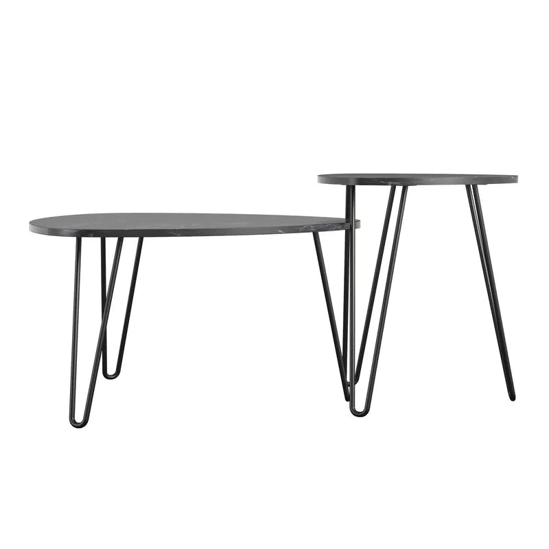 Retro Glam Black Faux Marble & Metal Hairpin Nesting Tables
