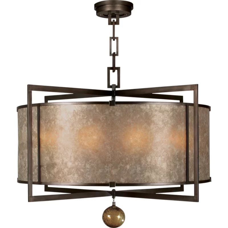 Translucent Mica and Bronze 8-Light Drum Chandelier with Hand Blown Glass Drop