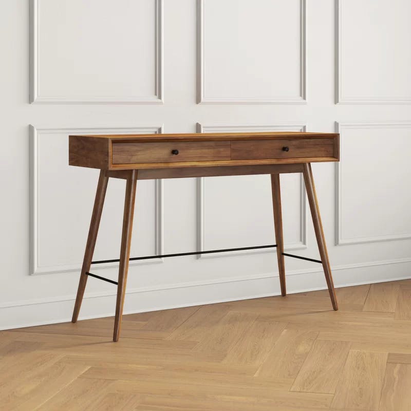 Mid-Century Modern Brown Wood and Metal Console Table with Storage