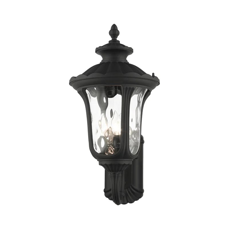 Artisanal Textured Black 3-Light Outdoor Lantern Sconce with Clear Water Glass