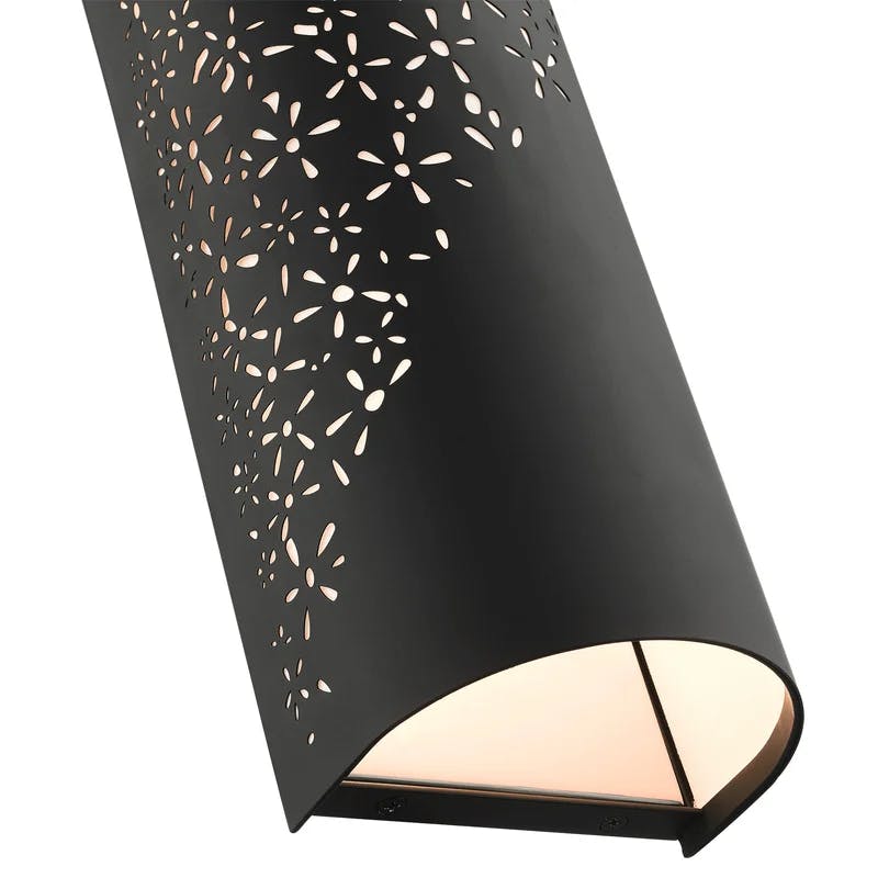 Noria Organic Laser Cut Black Steel 2-Light Sconce with Off-White Linen Shade