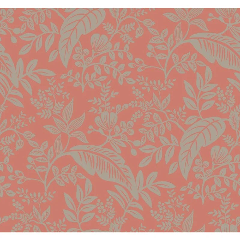 Canopy Lush Tropical Leaves 27' x 27" Black and Rose Wallpaper Roll