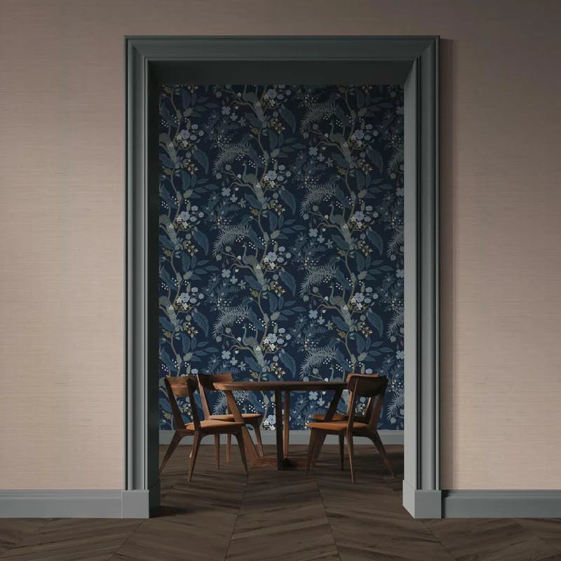 Magnificent Peacock Chinoiserie 27' x 27" Blue Wallpaper Roll