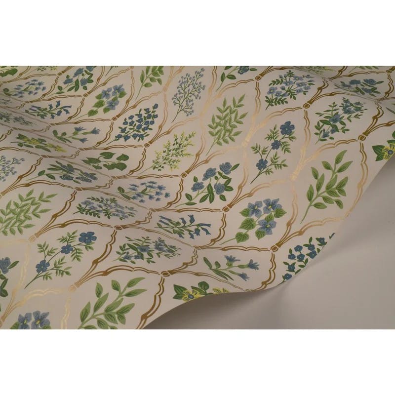 Hawthorne Vintage Floral Grid Blue/Green Wallpaper, 27' x 27"