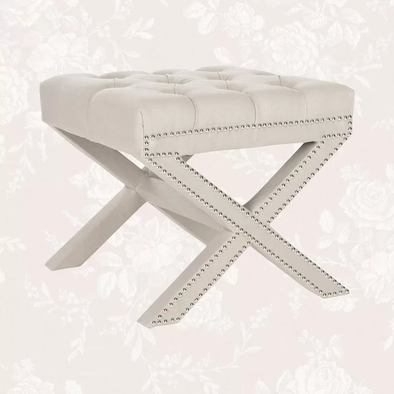 Elegant Taupe Linen Tufted Ottoman with Silver Nailhead Accents