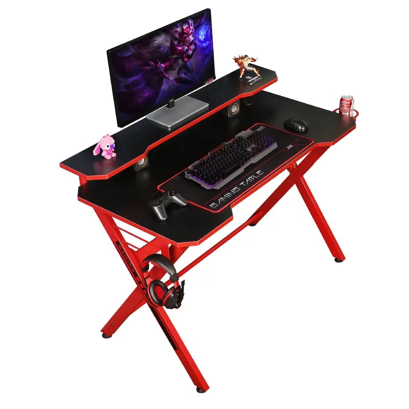 X-Shaped 48" Red Gaming Desk with Hutch, Cup Holder & Headphone Hook