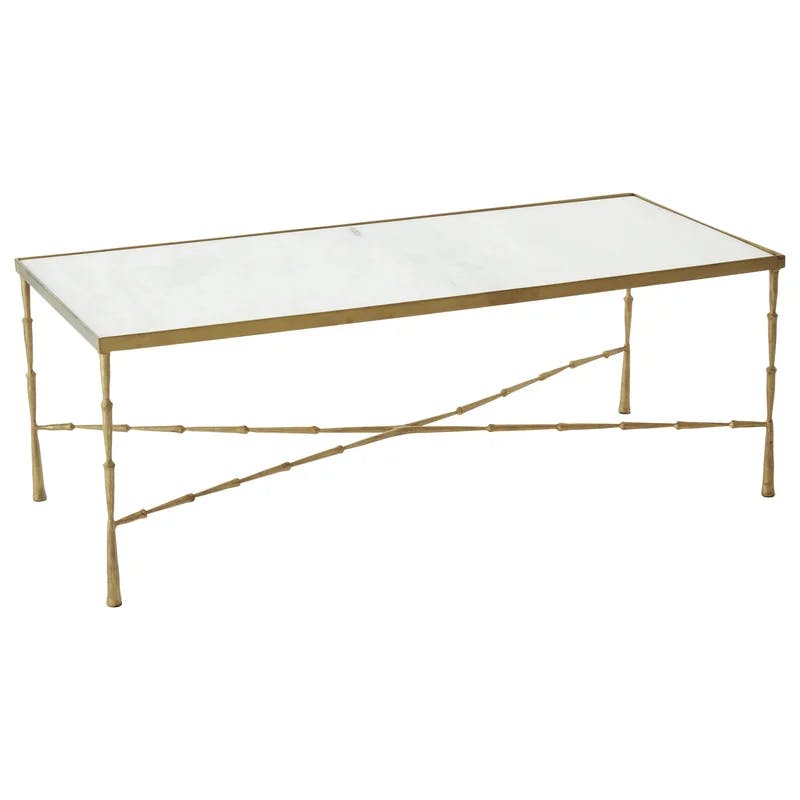 Antique Brass Spike Rectangular Cocktail Table with Marble Top