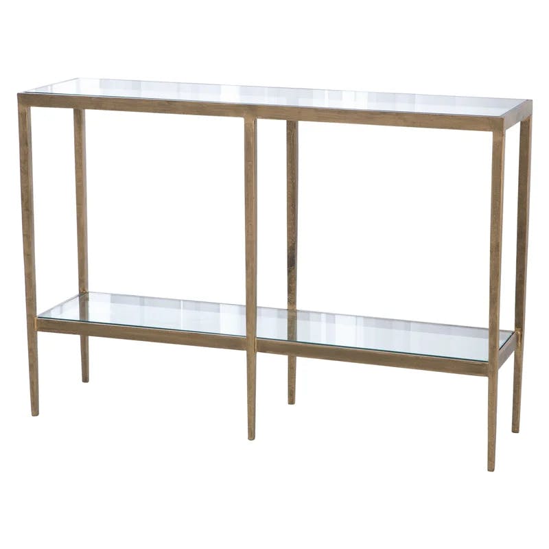 Laforge Antique Gold Streamlined Metal & Glass Console with Storage