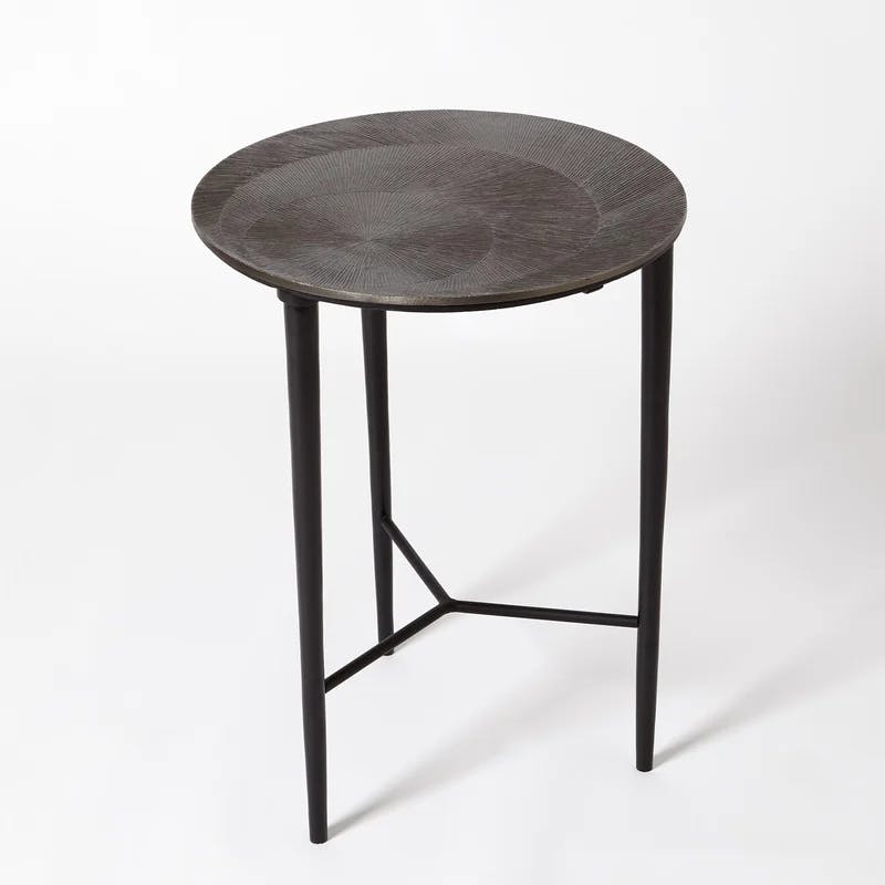 Circle Etched Black Nickel Round Wood & Metal Accent Table