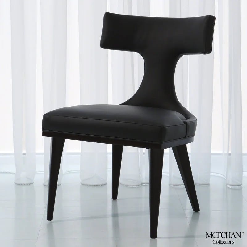 Satin Black Rubberwood Anvil Back Dining Chair in Black Leather