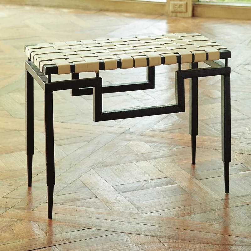 Hammered Black Iron Bench with Ivory Woven Leather Top