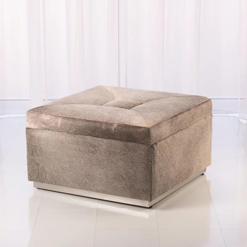 Luxurious Grey Cowhide Leather Square Storage Ottoman with Silver Accents