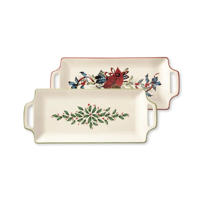 Festive Ivory Porcelain Holiday Hors D'Oeuvre Tray with Holly Motif