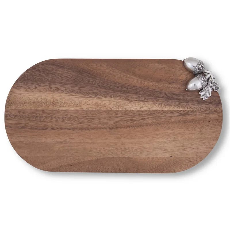 Elegant Acacia Wood Cheese & Cocktail Board with Pewter Acorn