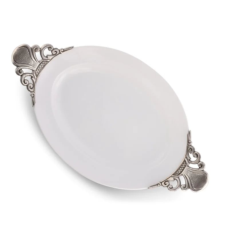 Elegant Provencal Oval Serving Tray with Pewter Fleur-de-Lis Handles