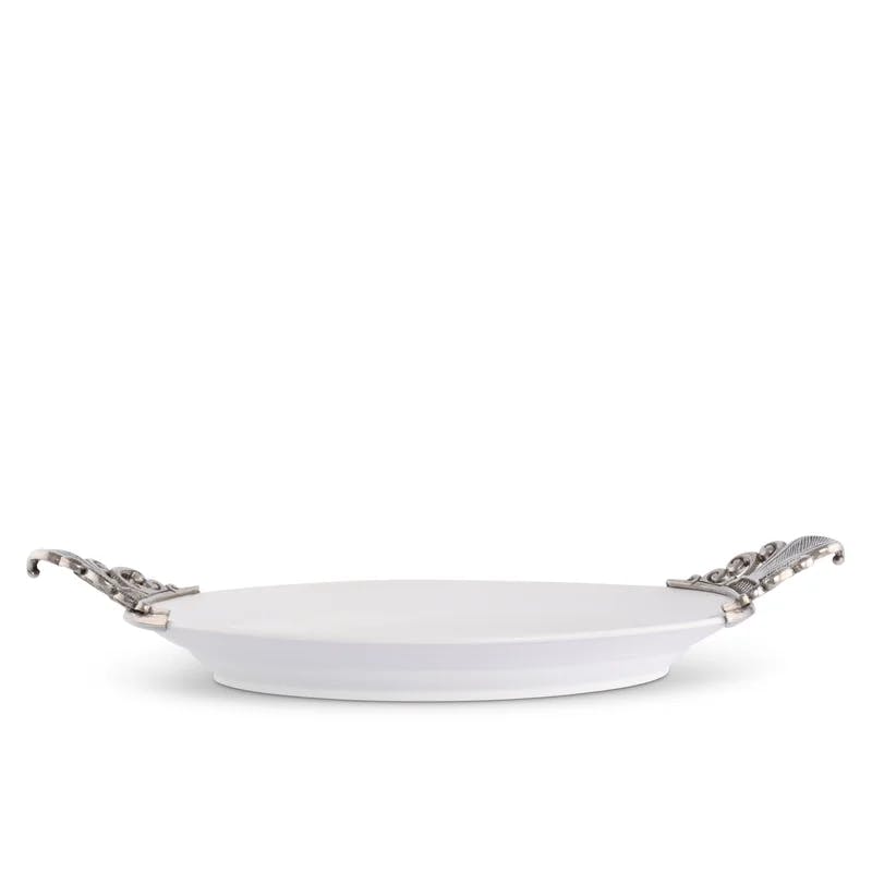 Elegant Provencal Oval Serving Tray with Pewter Fleur-de-Lis Handles