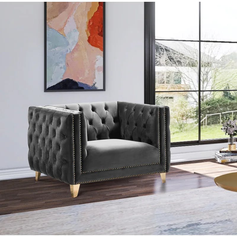 Elegant 34'' Grey Velvet Tufted Armchair with Gold Iron Legs