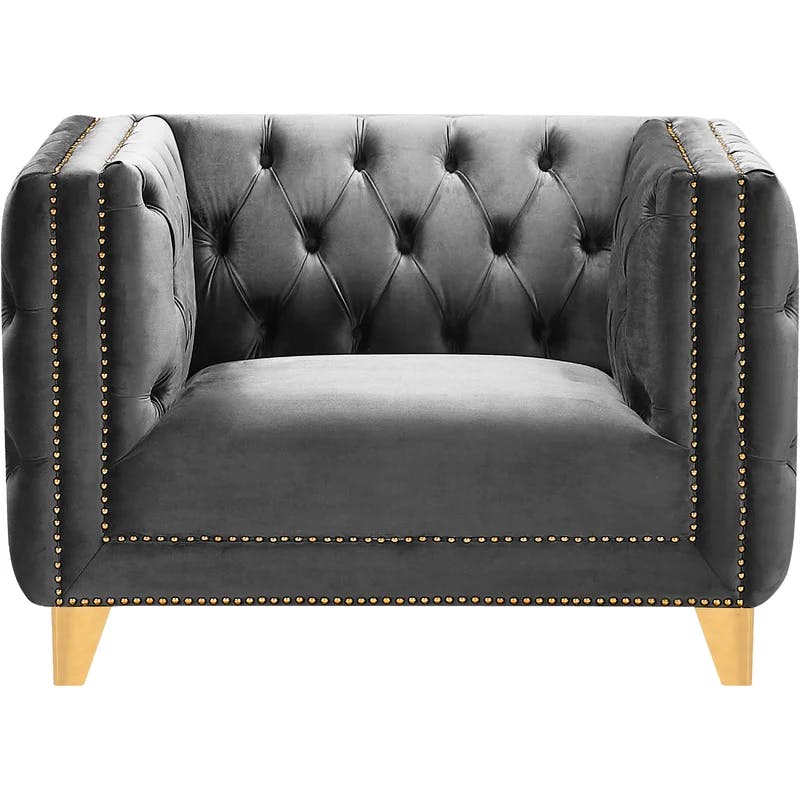 Elegant 34'' Grey Velvet Tufted Armchair with Gold Iron Legs