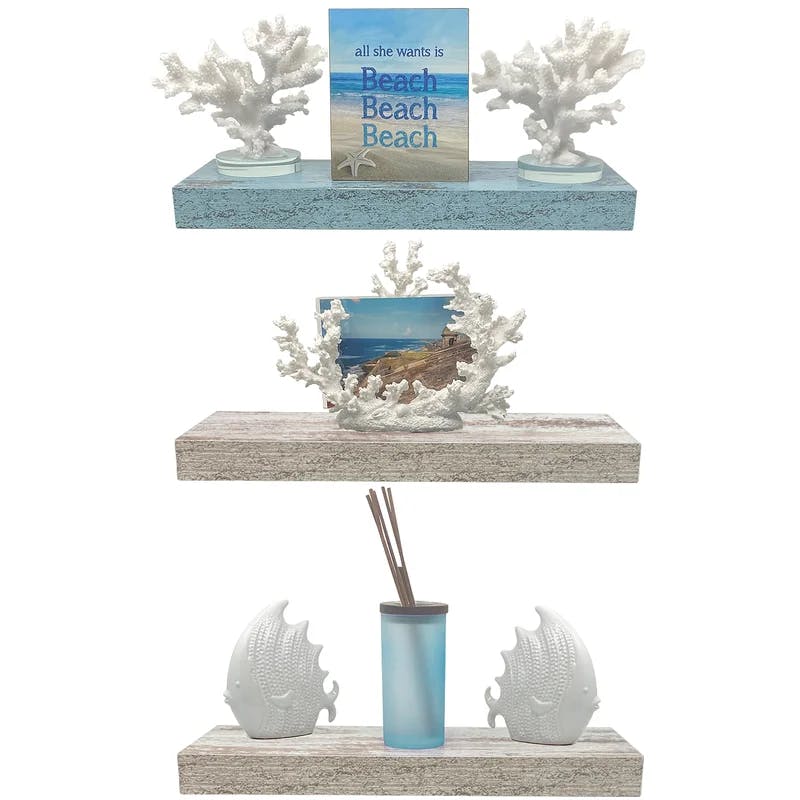 Coastal Breeze Blue and White Floating Wall Shelves, Set of 3