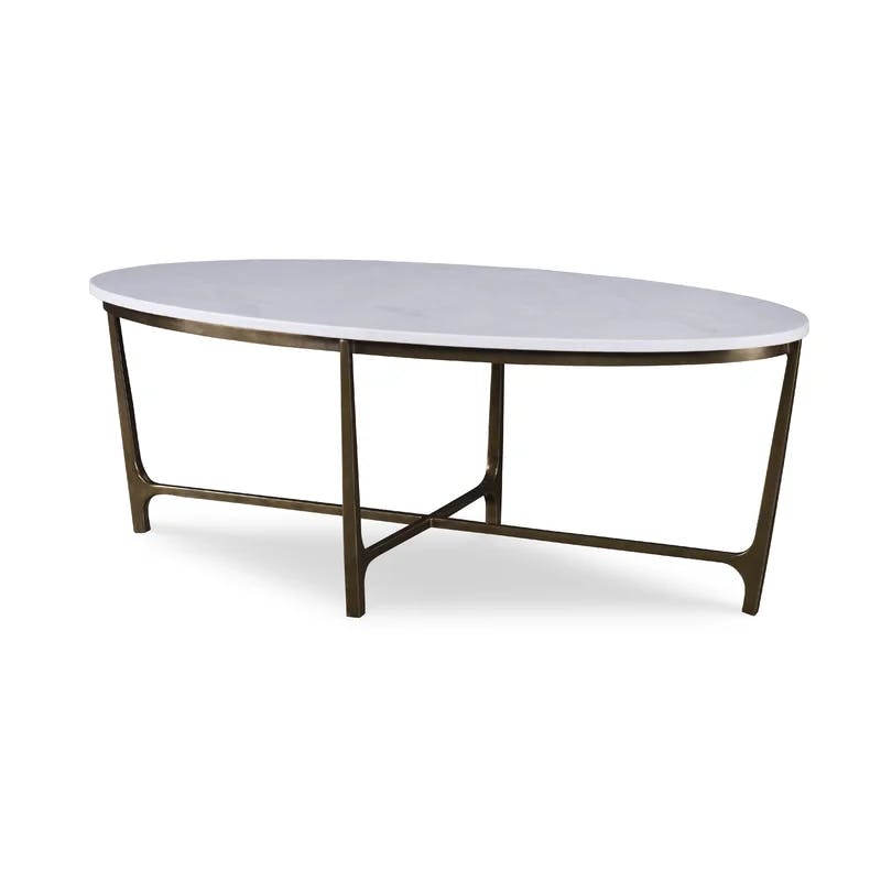 Oval Genuine Marble Top Cocktail Table with Wood & Metal Base