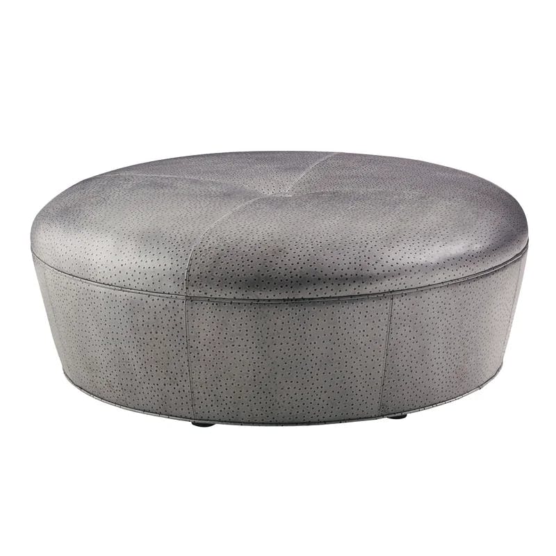 Claudia Round Tufted Gray Genuine Leather Ottoman
