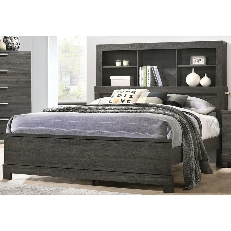 King-Sized Gray Oak Wood Frame Upholstered Bed with Bookcase Storage