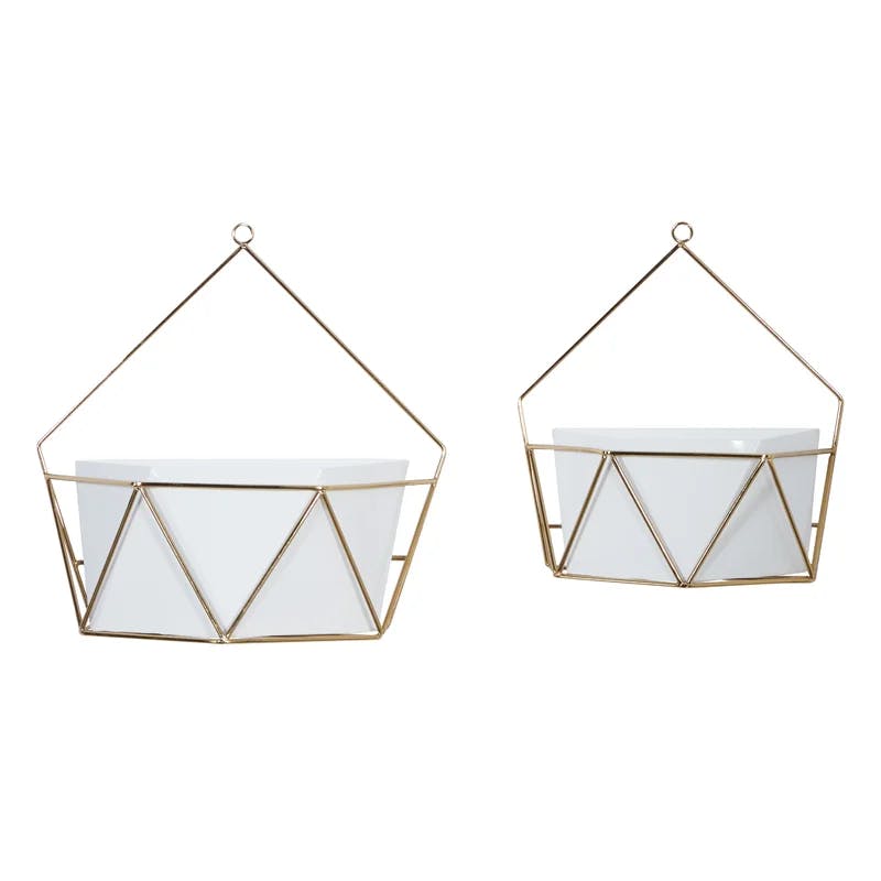 CosmoLiving Contemporary White and Gold Geometric Metal Wall Planters, Set of 2