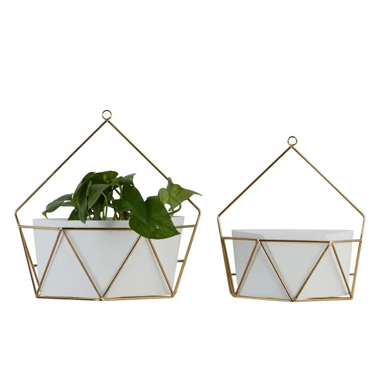 CosmoLiving Contemporary White and Gold Geometric Metal Wall Planters, Set of 2