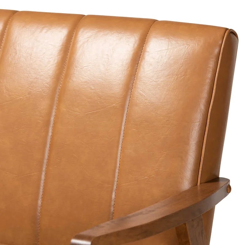Nikko 64'' Walnut Brown Faux Leather Mid-Century Sofa