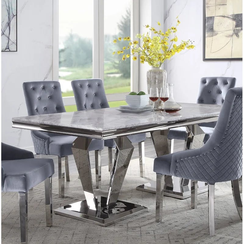 Satinka 79" Light Gray Faux Marble Dining Table with Mirrored Silver Base