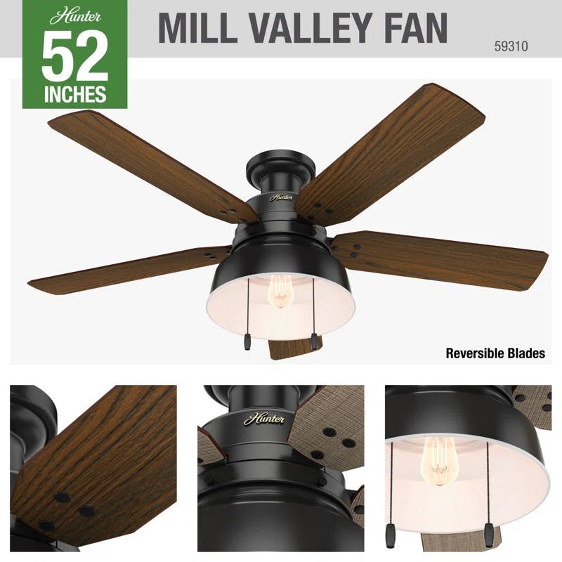 Matte Black 52" Low Profile Industrial Ceiling Fan with LED Lighting