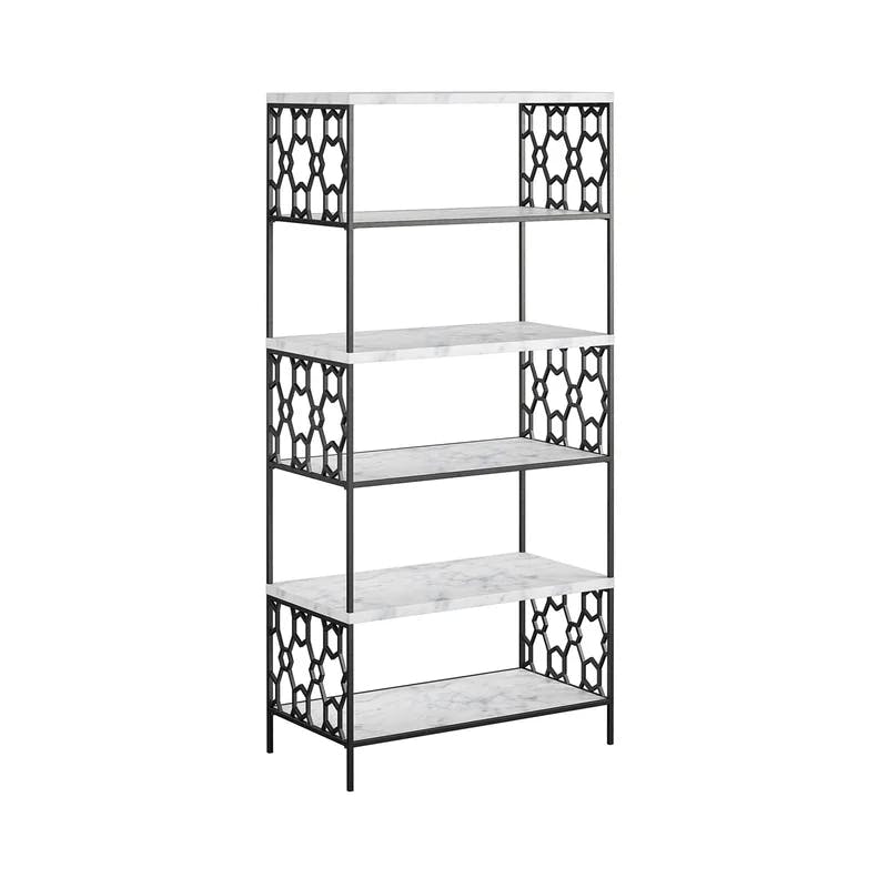 Ella Modern White Marble and Black Metal 5-Shelf Bookcase