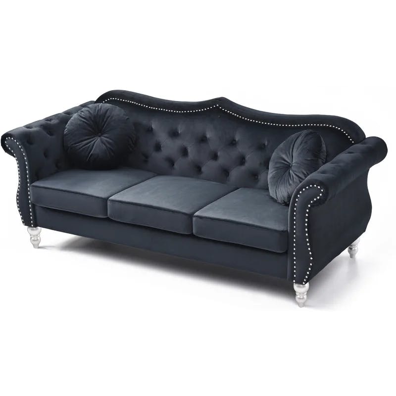 Hollywood Glam 82'' Tufted Black Velvet Sofa with Nailhead Accents