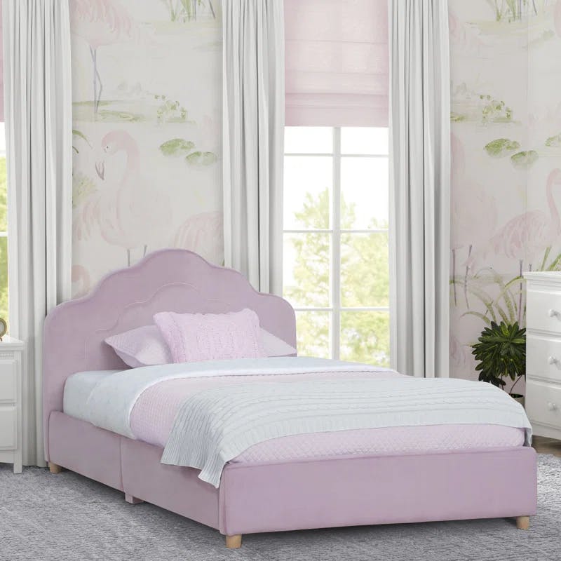 Rose Pink Twin Upholstered Platform Bed with Scalloped Headboard