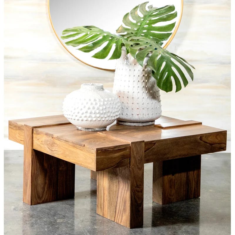 Transitional Sheesham Wood Square Coffee Table with Metal Base