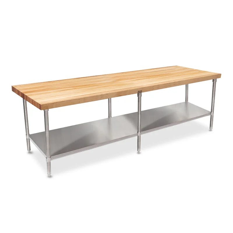 Adjustable Height Natural Wood & Silver Stainless Steel Prep Table