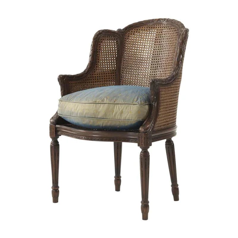 Handcrafted Acacia Wood Bergère Armchair with Gold Silk Cushion