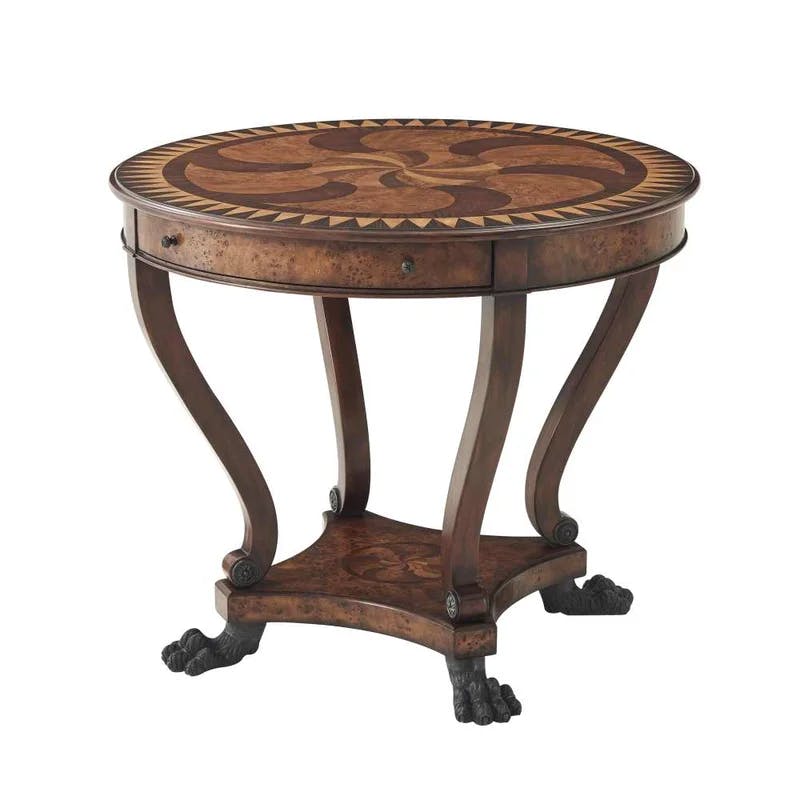 Regency Inspired Round Morado Burl Wood End Table with Brass Accents