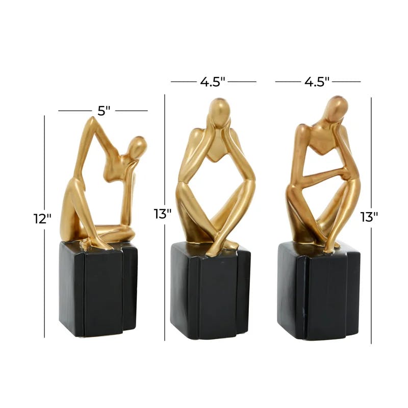 Gold Porcelain Sitting Thinker Trio Sculptures 4"W, 13"H