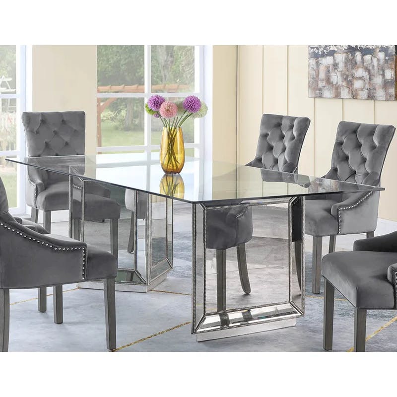 Nicolette Transitional 96" Mirrored Silver Dining Table with Glass Top