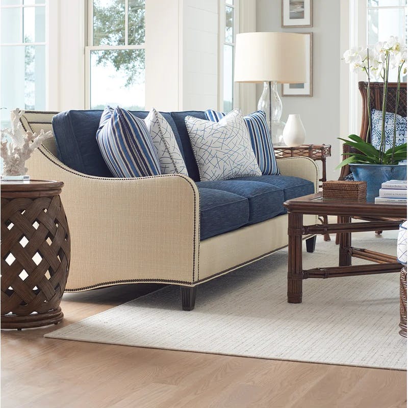 Elegant Blue and Beige Pillow Back Sofa with Down Fill Cushions and Nailhead Trim