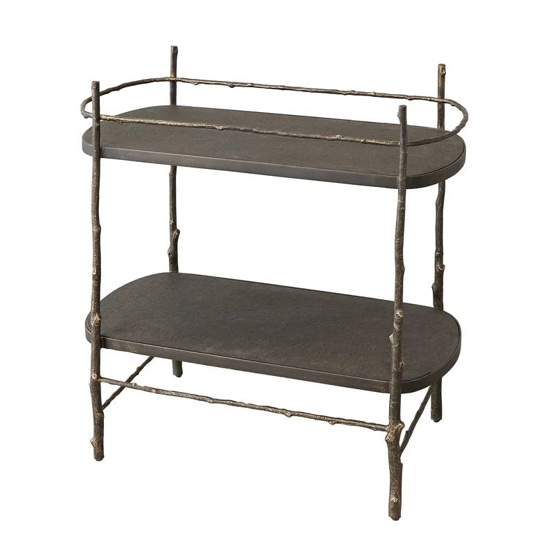 Nature-Inspired Cast Iron and Flamed Granite Bar Cart with Storage