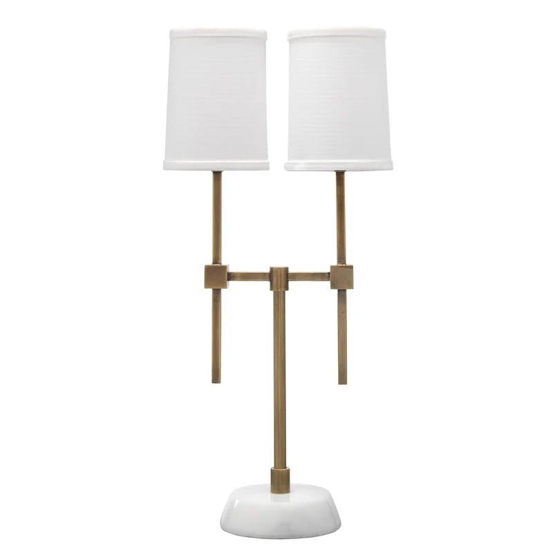 Elegant Antique Brass Dual-Shade Console Lamp with White Linen