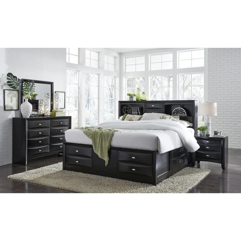 Black Veneer King Bed with Bookcase Headboard and Storage Drawers