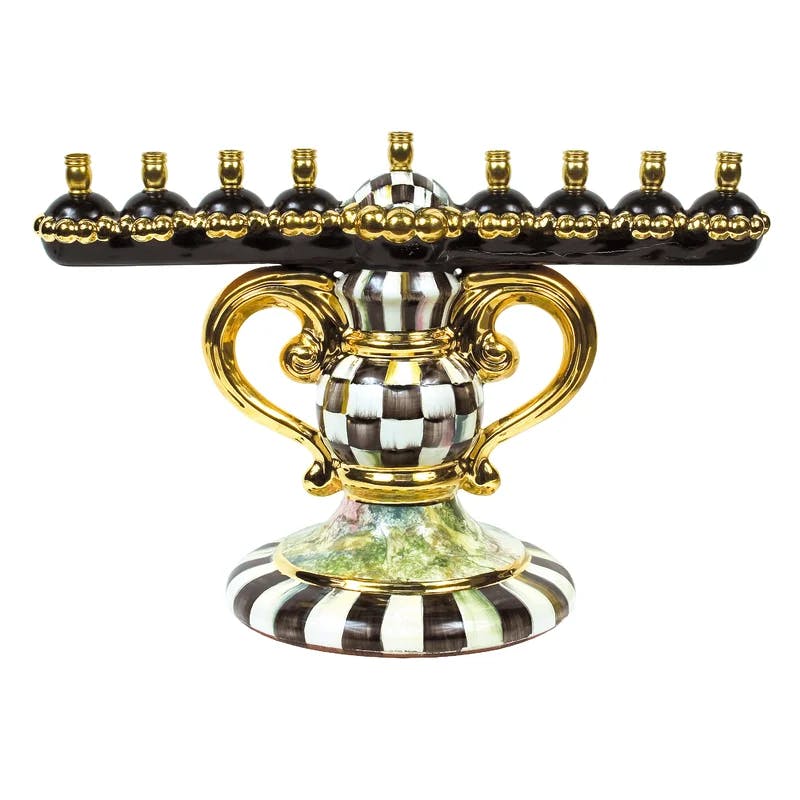 Elegant Hand-Painted Ceramic Menorah with Gold Luster Embellishments