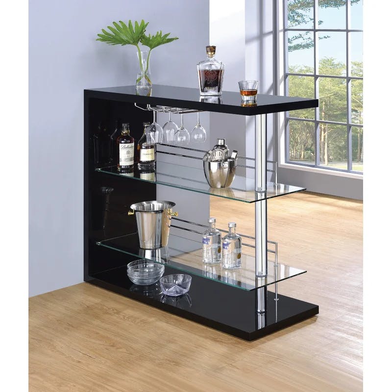 Sleek Contemporary 47'' Gloss Black and Chrome Bar Unit with Glass Shelves