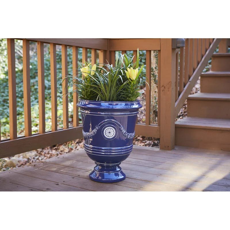 Classical Navy Resin Urn Planter with Molded Floral Details
