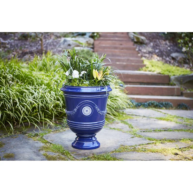 Classical Navy Resin Urn Planter with Molded Floral Details