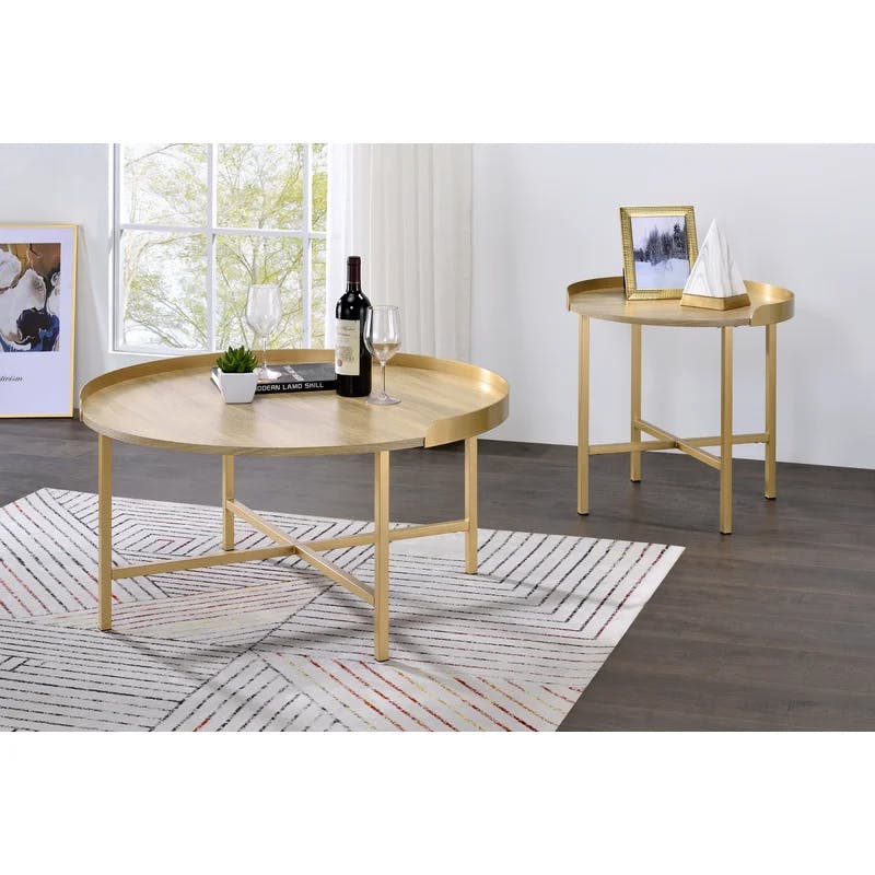 Mithea 38" Round Oak and Gold Tray Top Coffee Table